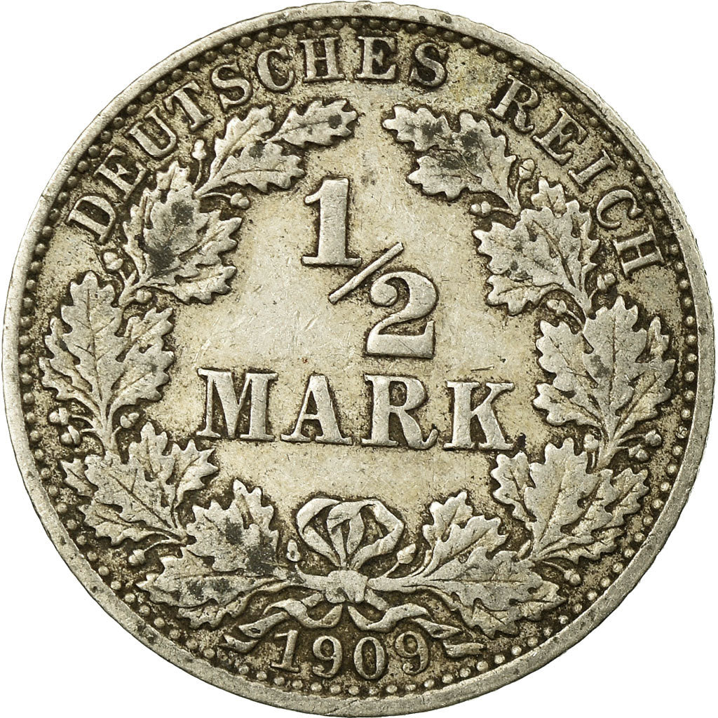 Coin, GERMANY - EMPIRE, 1/2 Mark, 1909, Hambourg, EF(40-45), Silver, KM:17