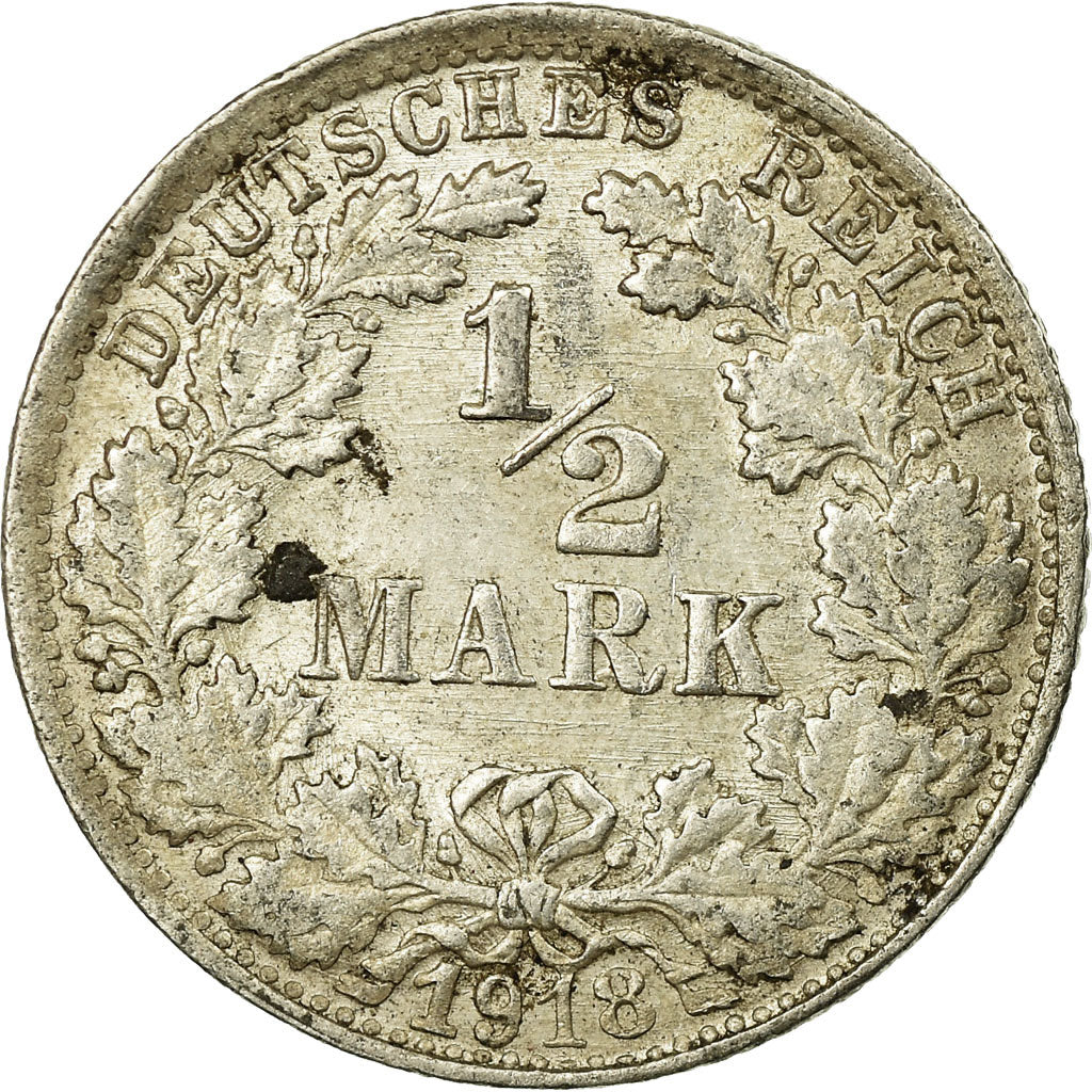 Moneta, GERMANIA - IMPERO, 1/2 Mark, 1918, Stuttgart, SPL-, Argento, KM:17