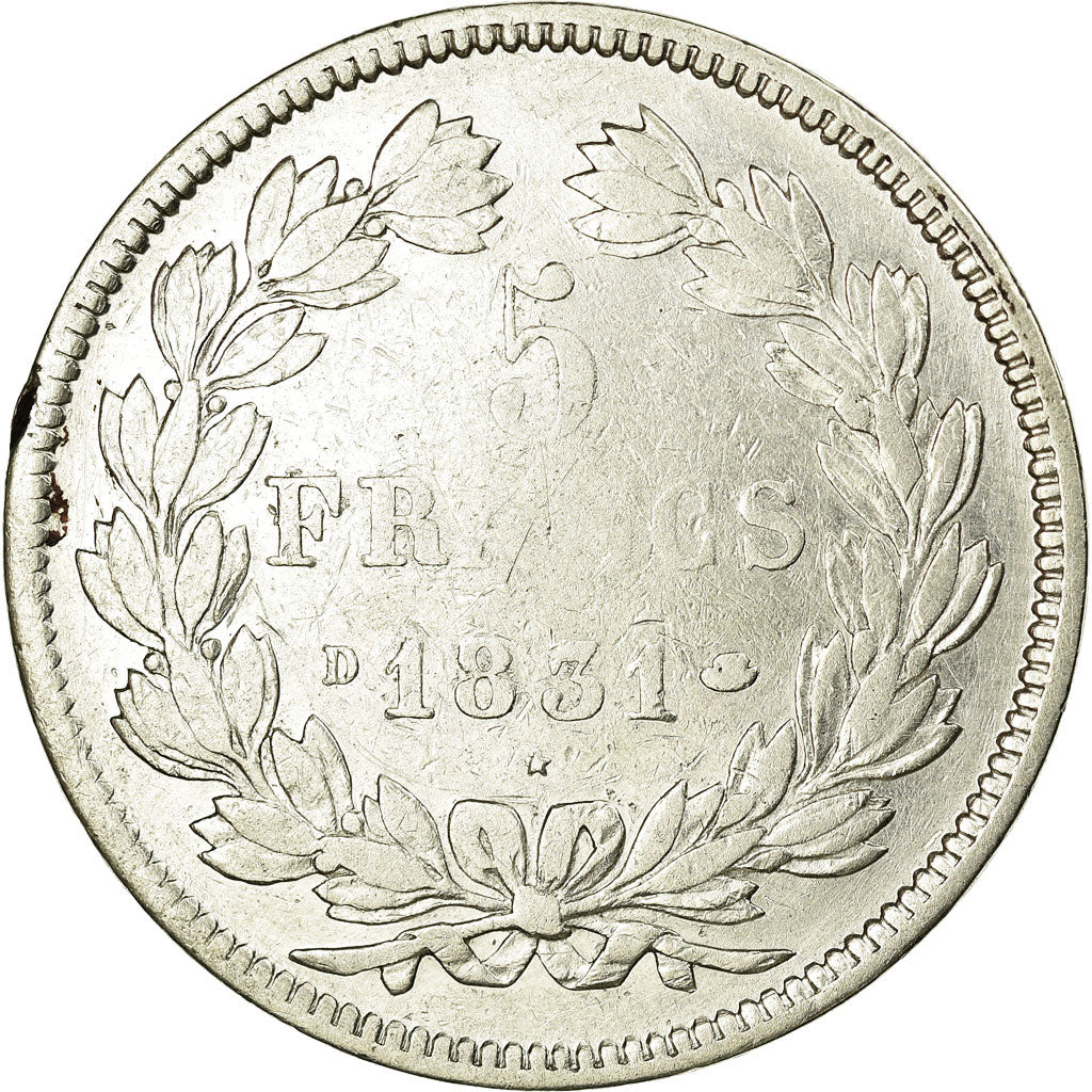 Moneda, Francia, Louis-Philippe, 5 Francs, 1831, Lyon, BC+, Plata, KM:744.2