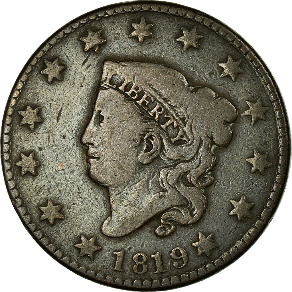 Coin, United States, Coronet Cent, Cent, 1819, U.S. Mint, Philadelphia