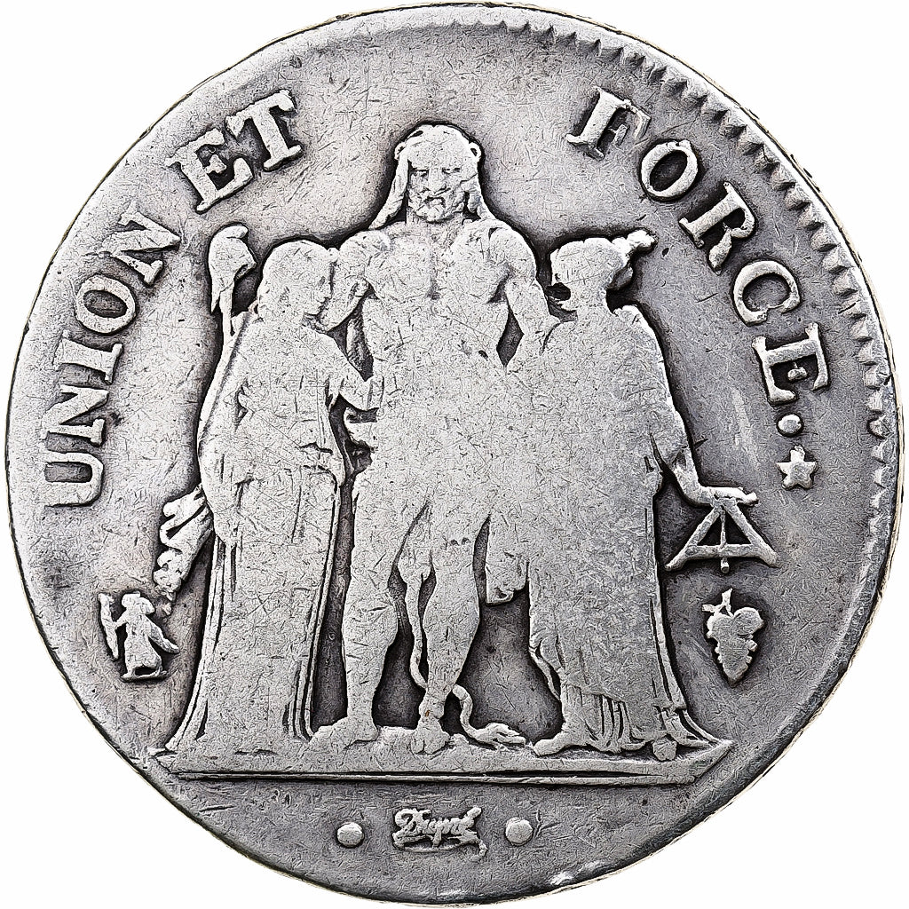 France, 5 Francs, Union et Force, AN 8, Perpignan, Silver, F(12-15)