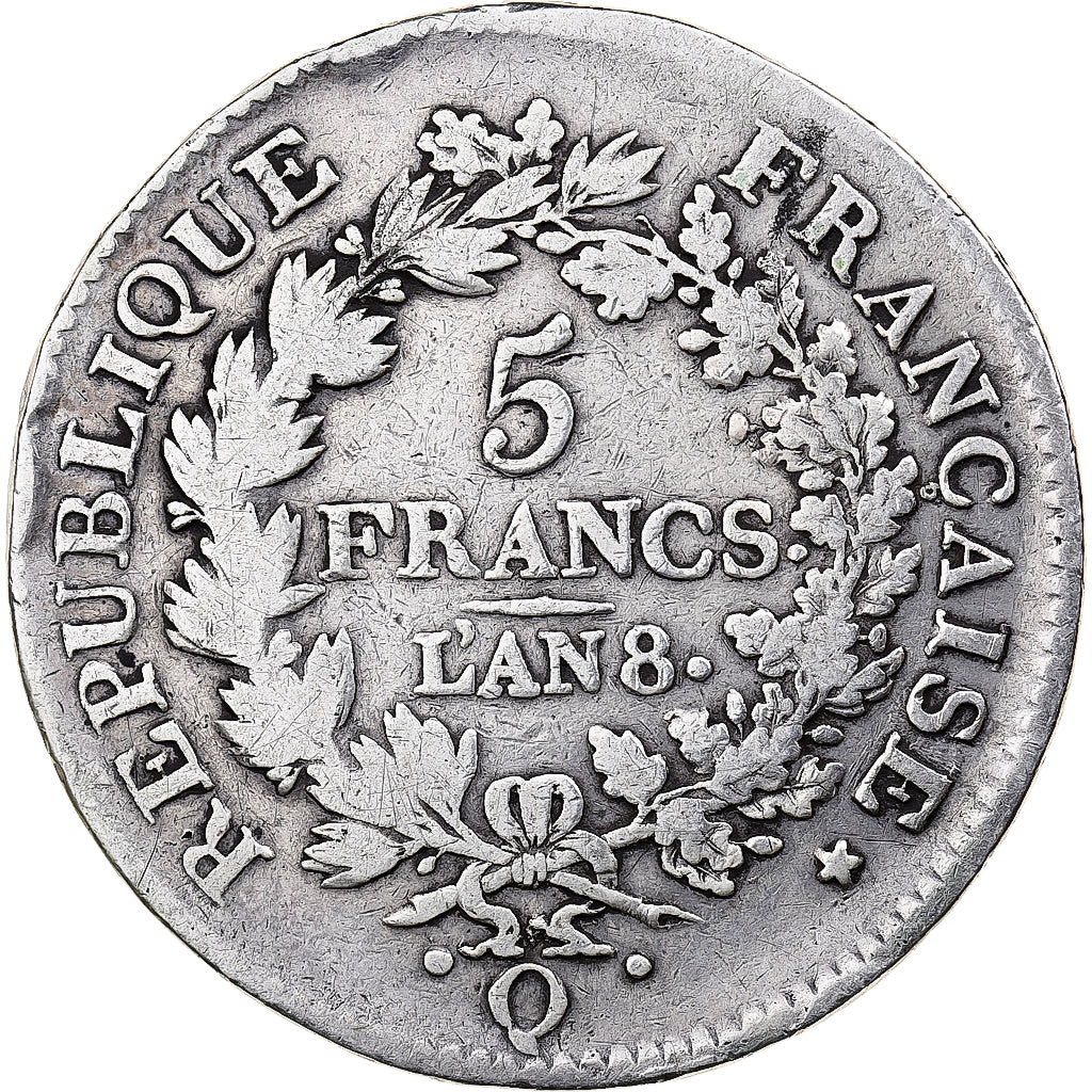 France, 5 Francs, Union et Force, AN 8, Perpignan, Silver, F(12-15)