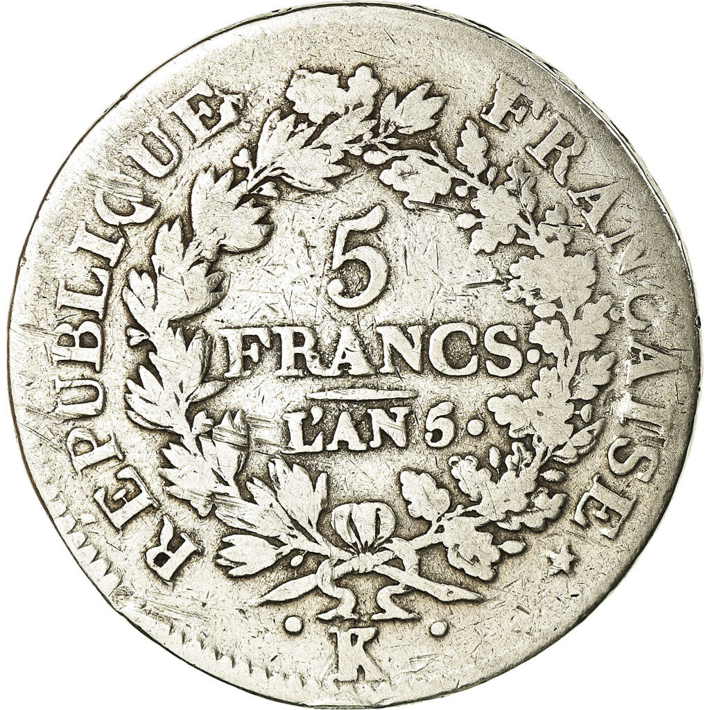 Monnaie, France, Union et Force, 5 Francs, AN 5, Bordeaux, TB, Argent