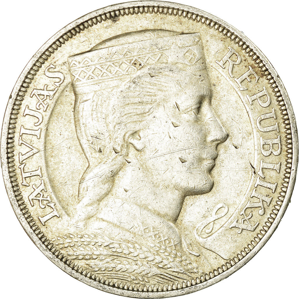 Moneta, Łotwa, 5 Lati, 1931, AU(50-53), Srebro, KM:9