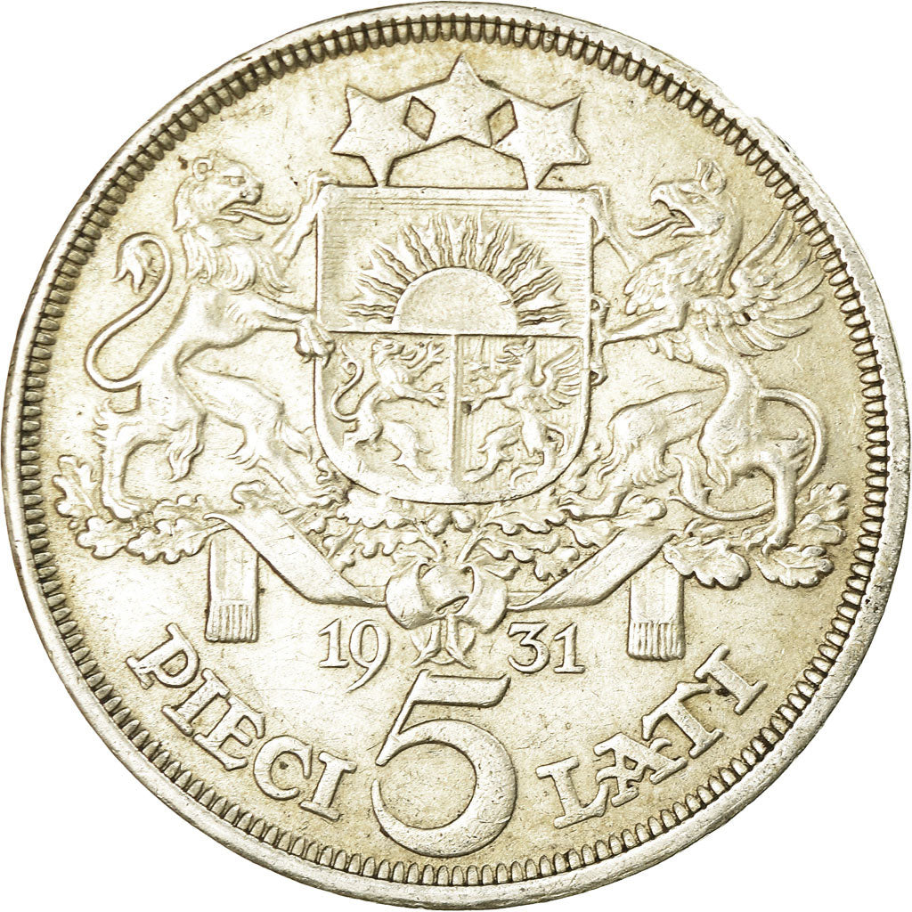 Moneta, Łotwa, 5 Lati, 1931, AU(50-53), Srebro, KM:9