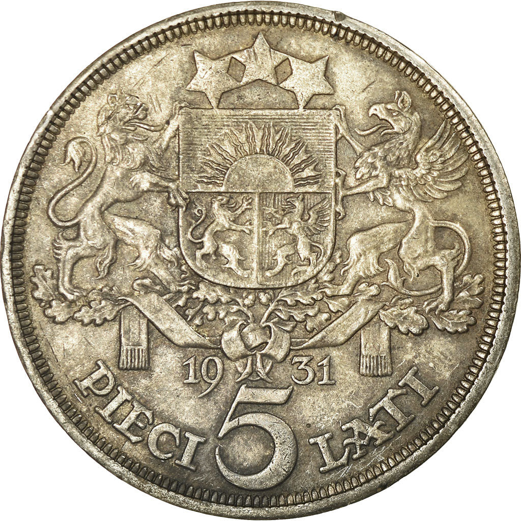 Moneda, Letonia, 5 Lati, 1931, MBC+, Plata, KM:9