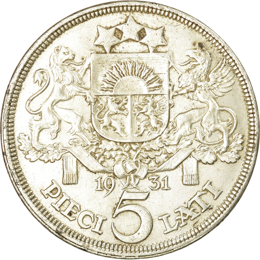 Moeda, Letónia, 5 Lati, 1931, AU(50-53), Prata, KM:9