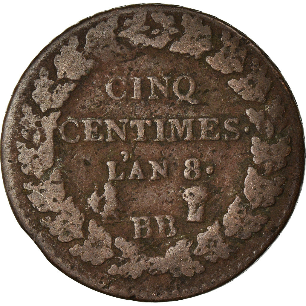 Coin, France, Dupré, 5 Centimes, AN 8, Strasbourg, VF(30-35), Bronze, KM:640.4