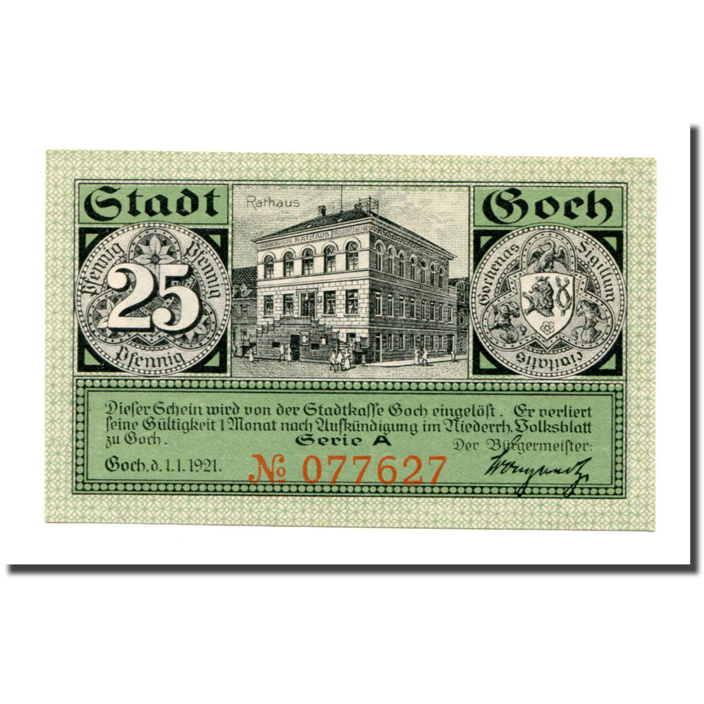 Biljet, Duitsland, Goch, 25 Pfennig, rue 1, 1921, 1921.01.01, SPL, Mehl:445.1a