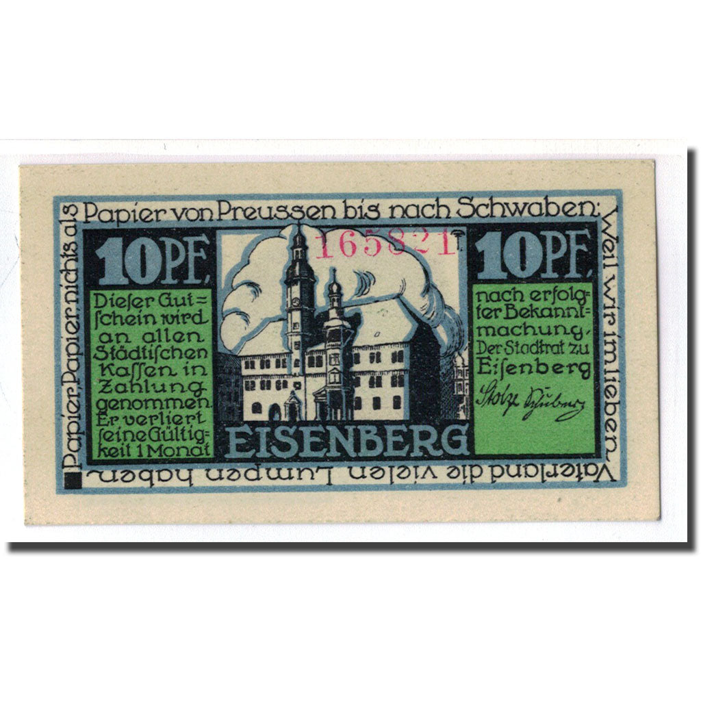Banconote, Germania, Eisenberg Stadt, 10 Pfennig, Blason 1, 1921, SPL