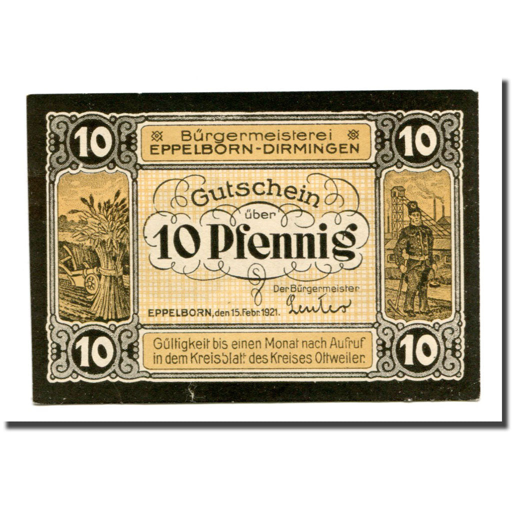 Billet, Allemagne, Eppelborn - Dimingen, 10 Pfennig, personnage, 1921