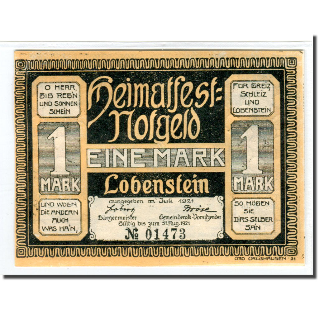 Banknot, Niemcy, Lobenstein, 1 Mark, paysage, 1921, 1921-08-31, UNC(63)