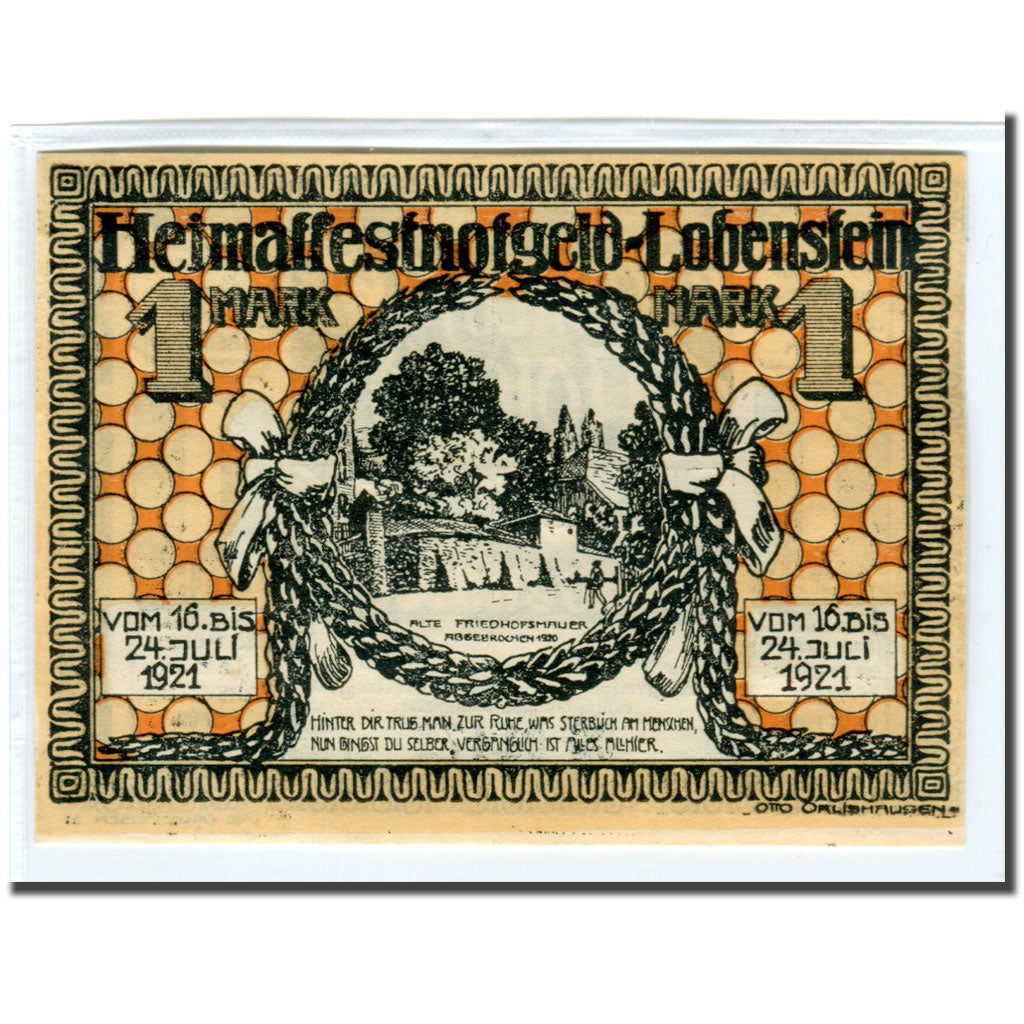 Banknot, Niemcy, Lobenstein, 1 Mark, paysage, 1921, 1921-08-31, UNC(63)