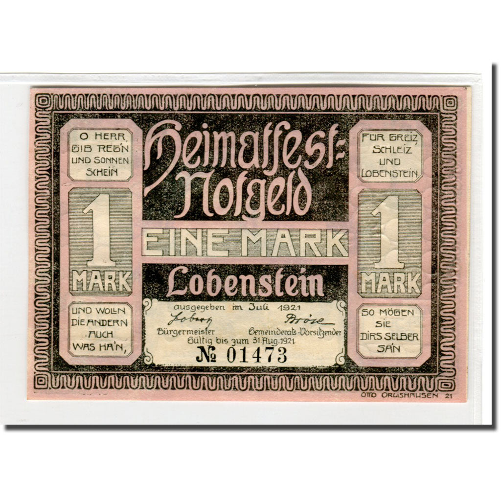 Billete, Alemania, Lobenstein, 1 Mark, paysage 1, 1921, 1921-08-31, SC