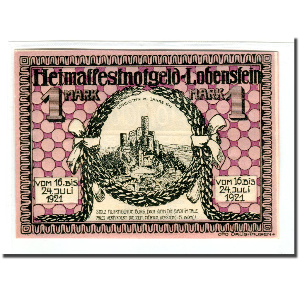 Billete, Alemania, Lobenstein, 1 Mark, paysage 1, 1921, 1921-08-31, SC