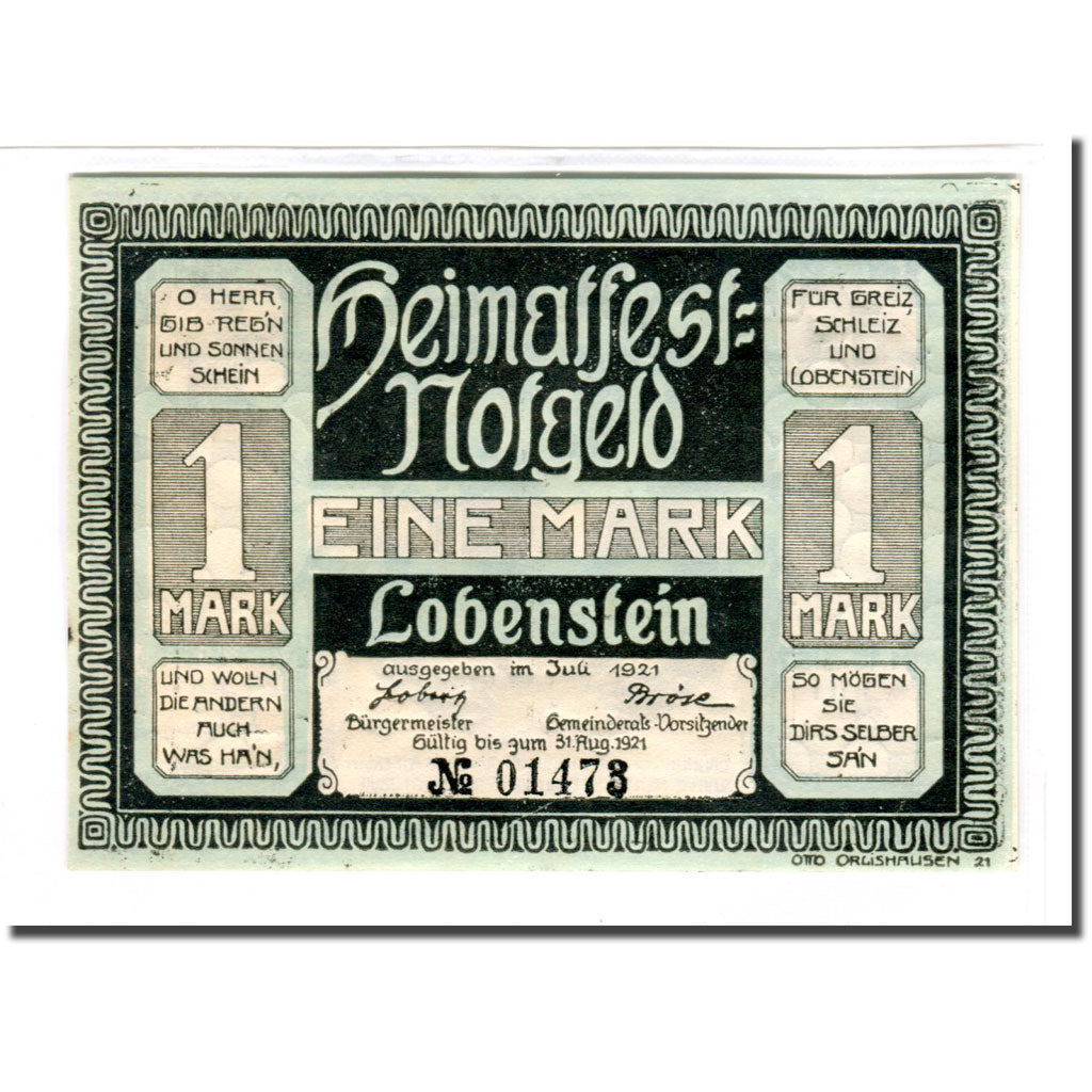 Banknot, Niemcy, Lobenstein, 1 Mark, paysage 2, 1921, 1921-08-31, UNC(63)