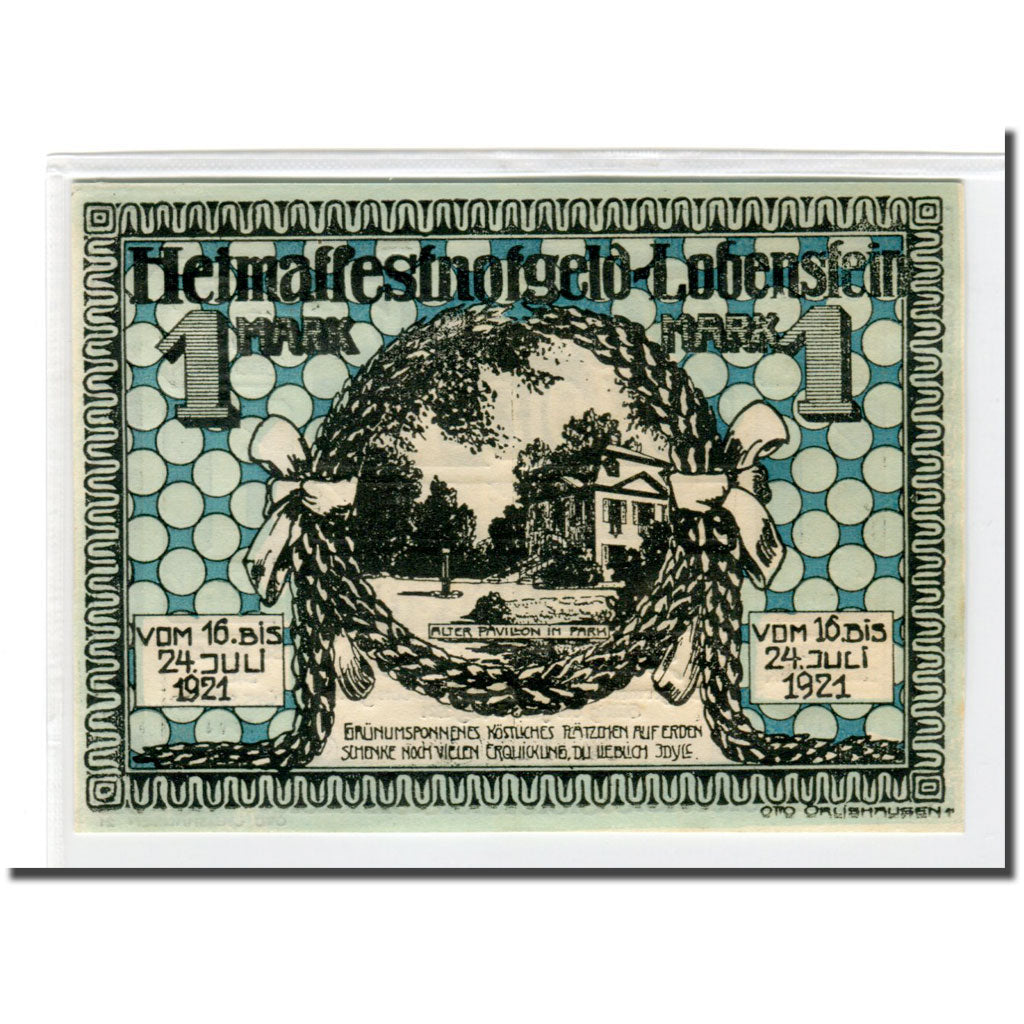 Banknot, Niemcy, Lobenstein, 1 Mark, paysage 2, 1921, 1921-08-31, UNC(63)