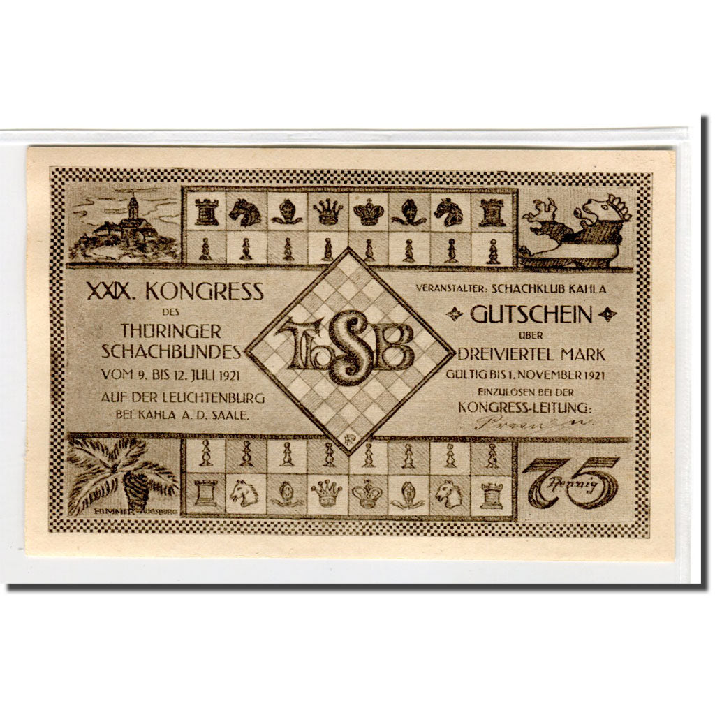 Banknote, Germany, Kahla, 75 Pfennig, Echiquier, 1921, 1921-11-01, UNC(63)