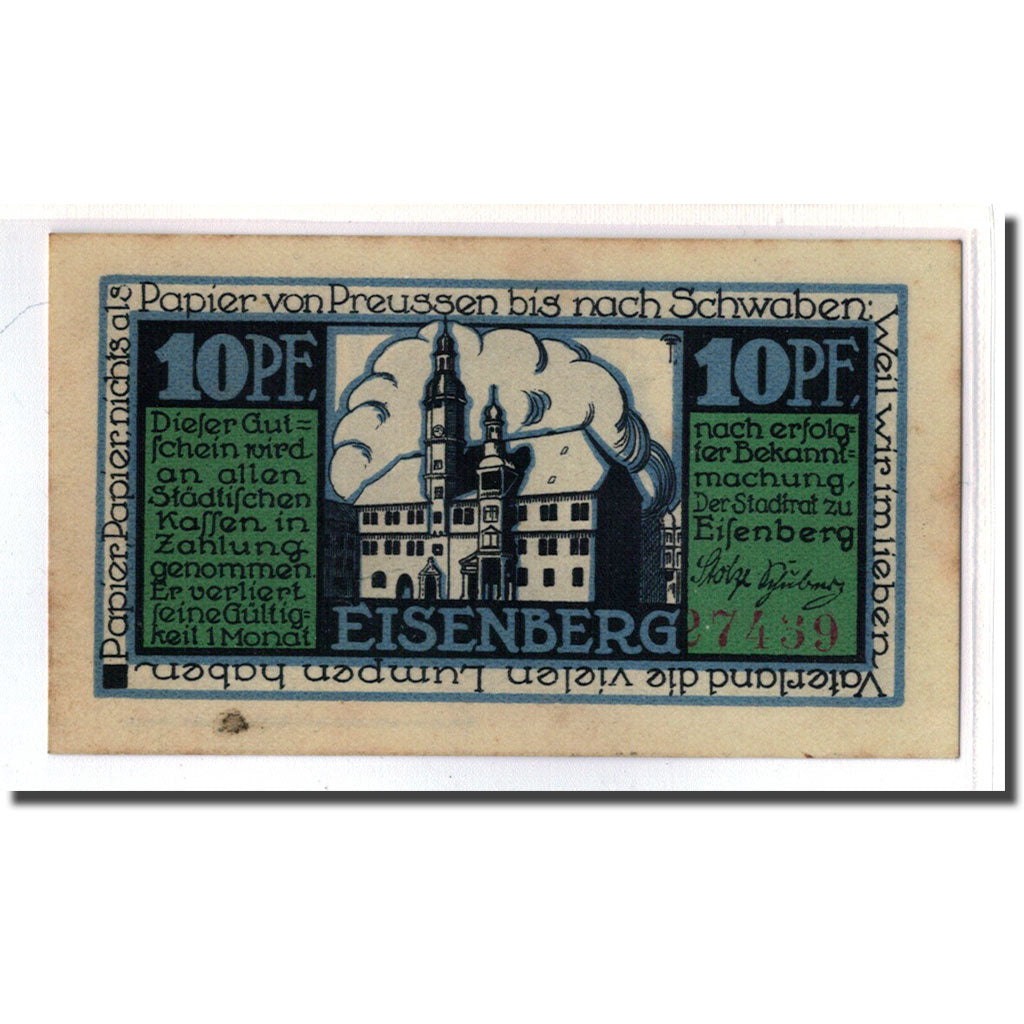 Biljet, Duitsland, Eisenberg Stadt, 10 Pfennig, Blason, 1921, SUP, Mehl:322.1