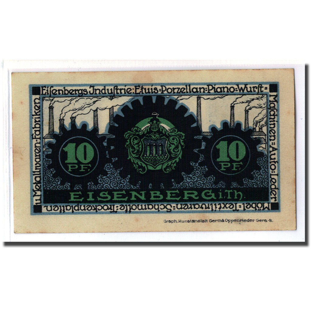 Biljet, Duitsland, Eisenberg Stadt, 10 Pfennig, Blason, 1921, SUP, Mehl:322.1