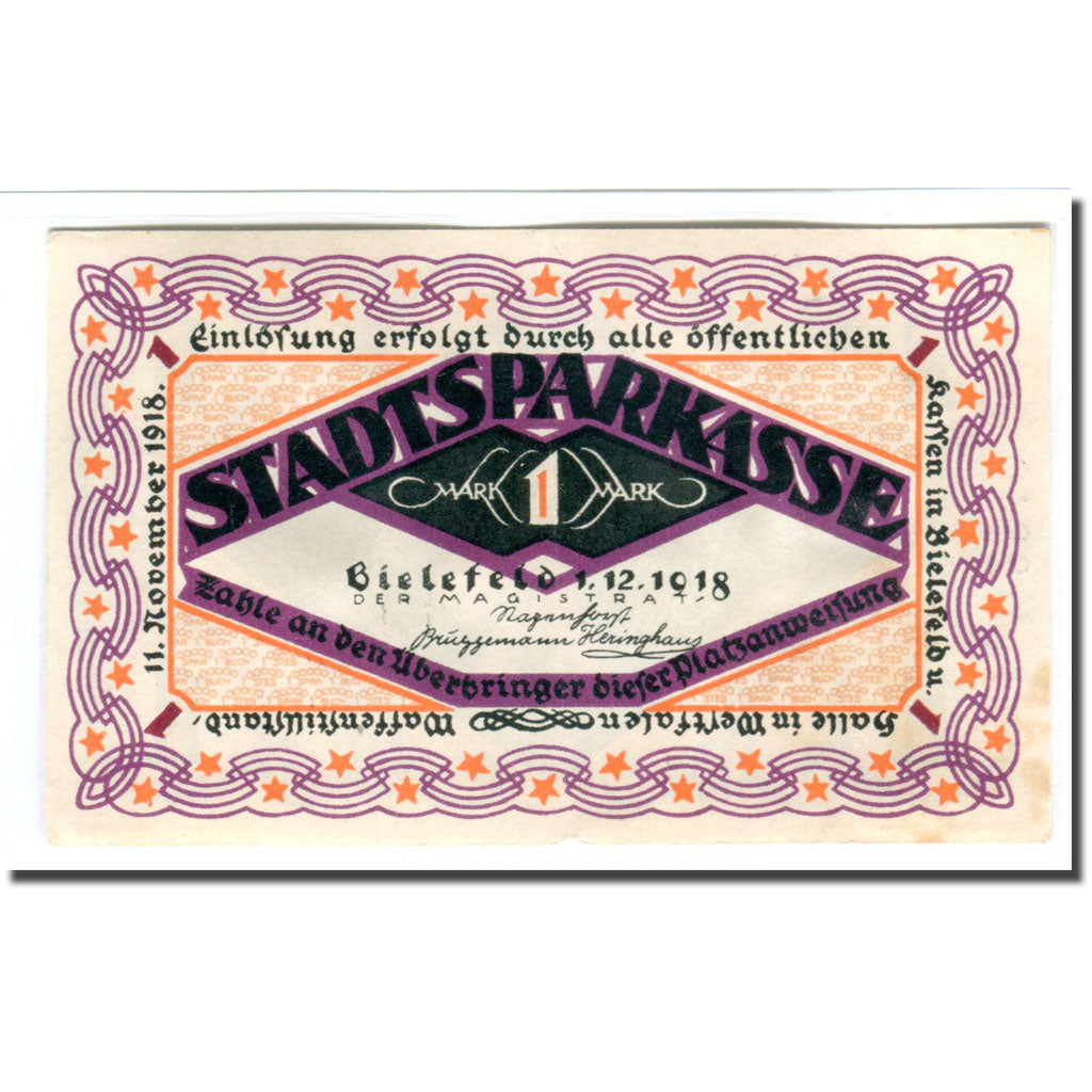 Banknote, Germany, Bielefeld, 1 Mark, personnage, 1918, 1918-12-01, UNC(63)
