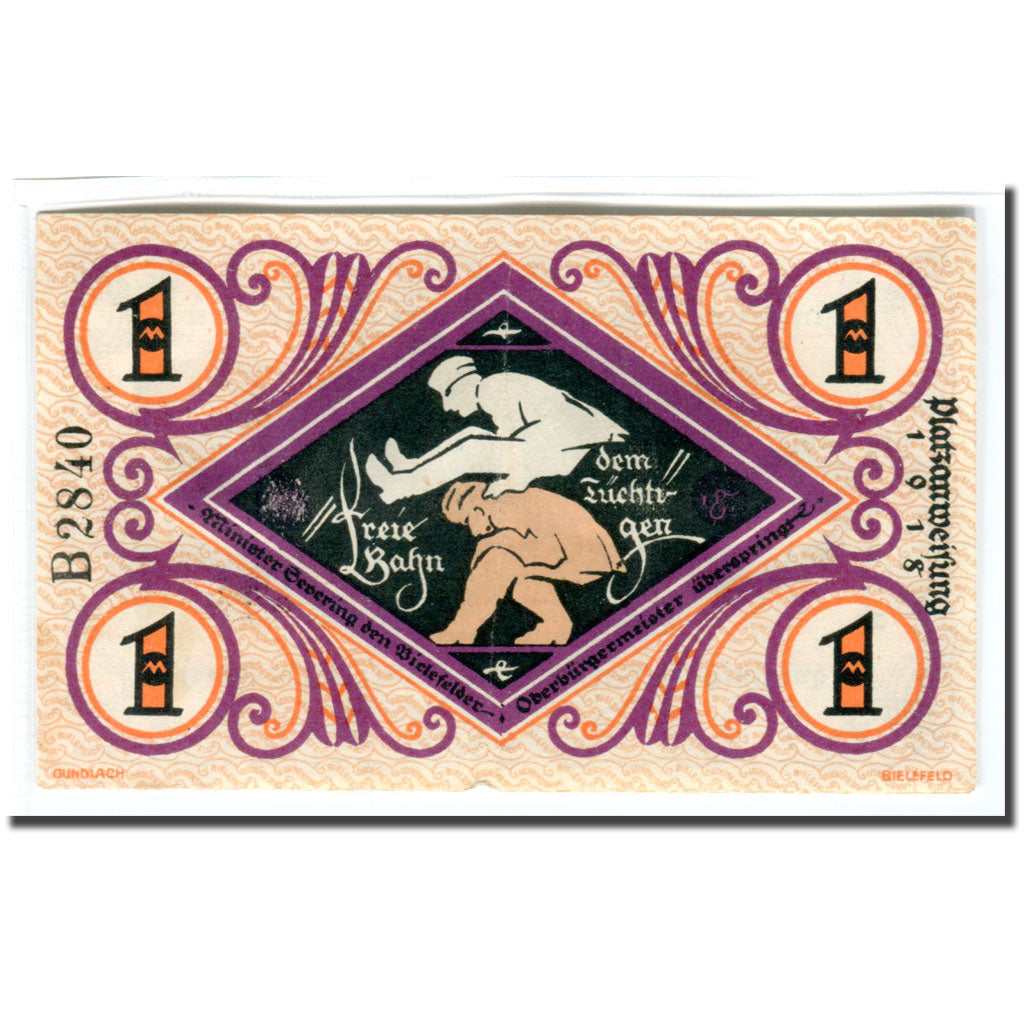 Banknote, Germany, Bielefeld, 1 Mark, personnage, 1918, 1918-12-01, UNC(63)