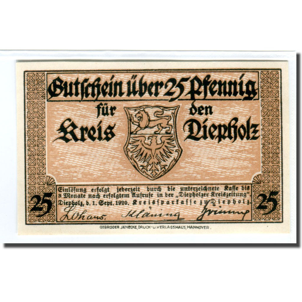 Banconote, Germania, Diepholz, 25 Pfennig, Batiment, 1920, 1920-09-01, SPL