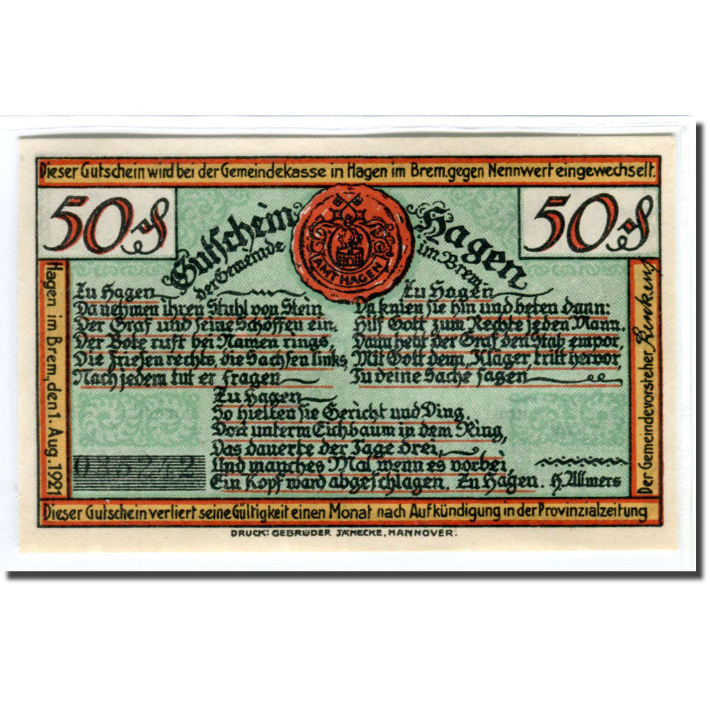 Banconote, Germania, Hagen, 50 Pfennig, personnage, 1921, 1921-08-01, SPL