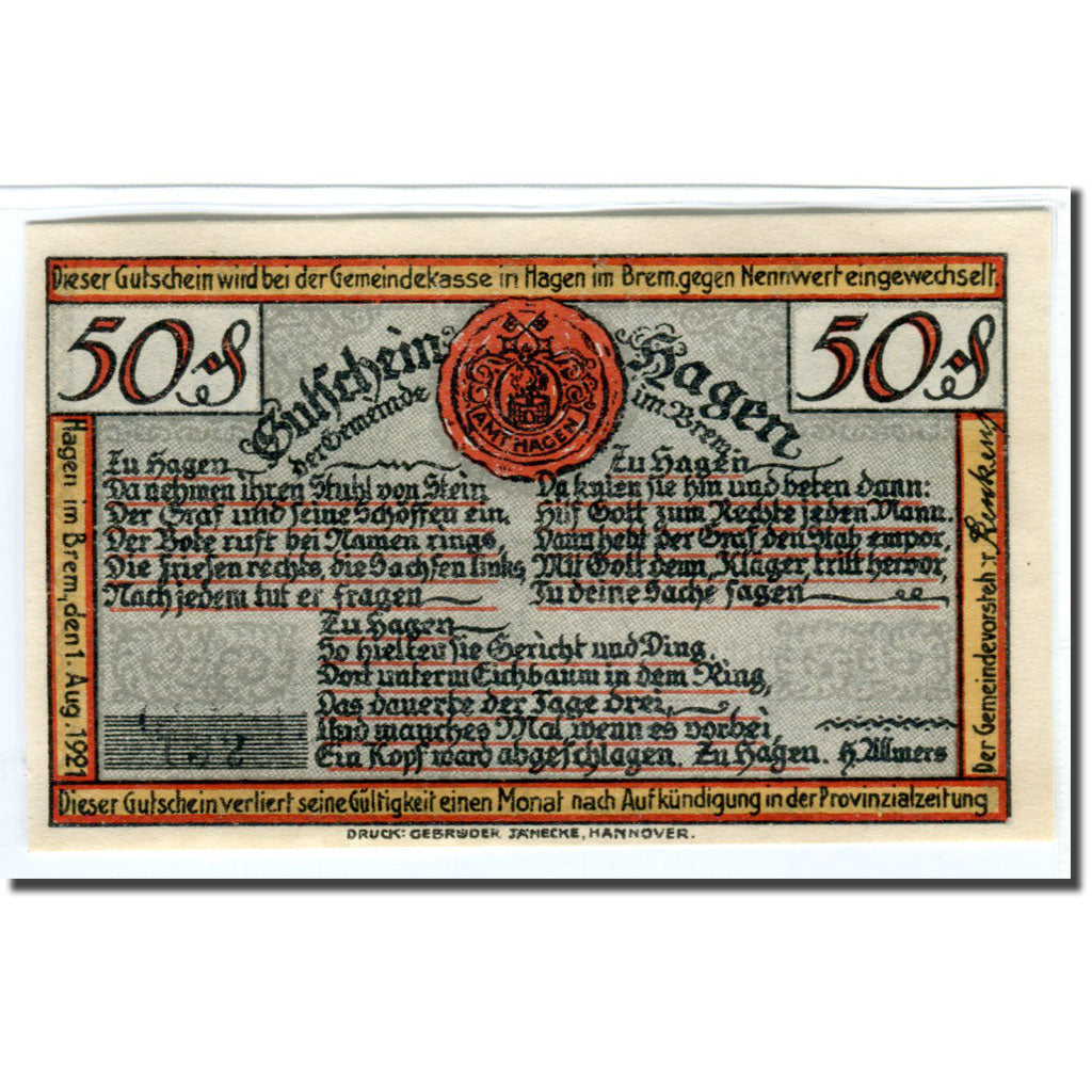Banknote, Germany, Hagen, 50 Pfennig, personnage 1, 1921, 1921-08-01, UNC(63)