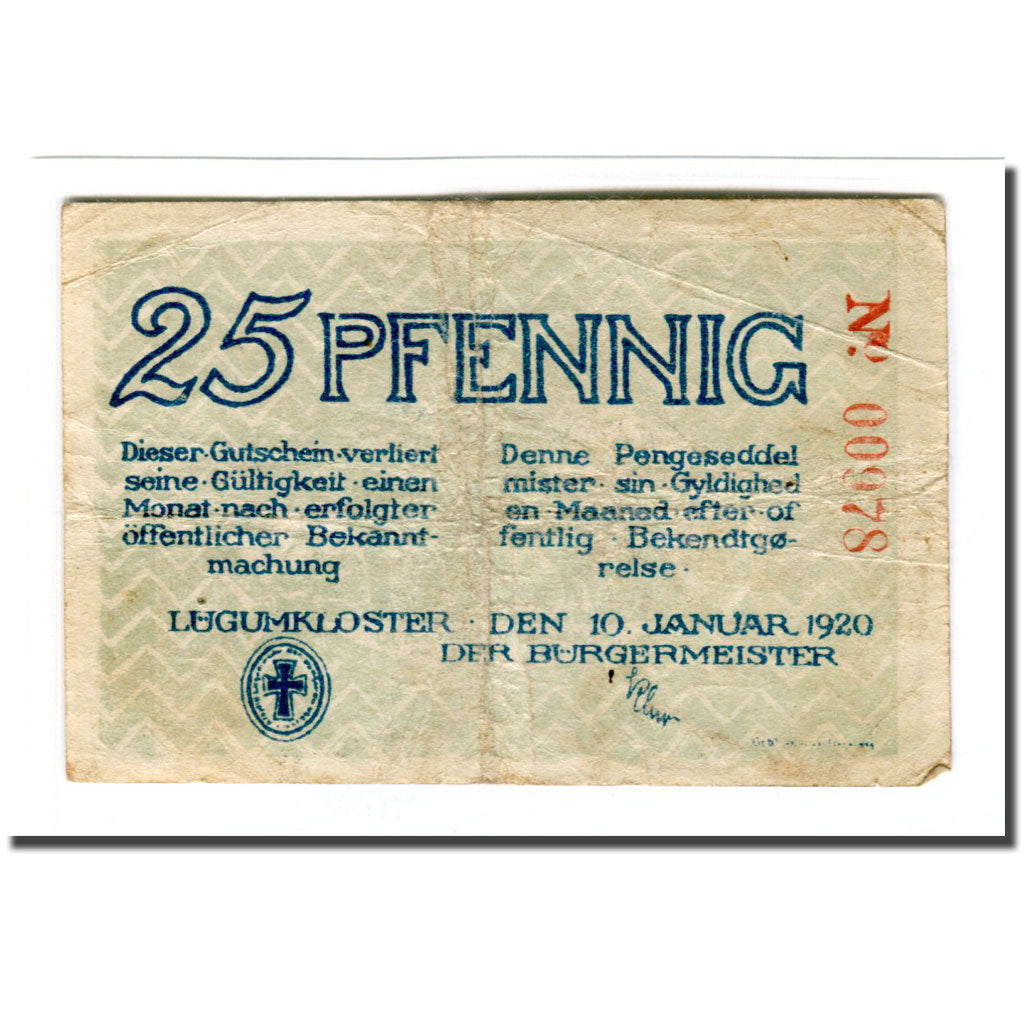 Geldschein, Deutschland, Lügumkloster, 25 Pfennig, Texte, 1920, 1920-01-10, VZ