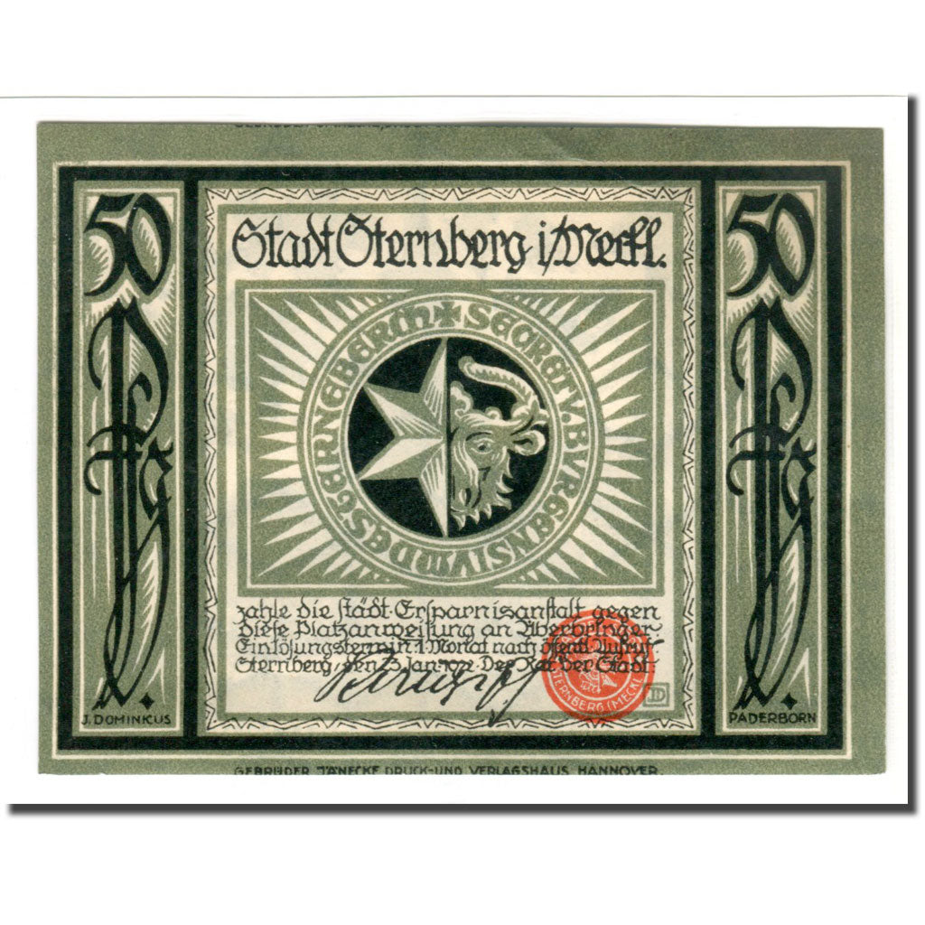 Geldschein, Deutschland, Sternberg Stadt, 50 Pfennig, Batiment, 1922