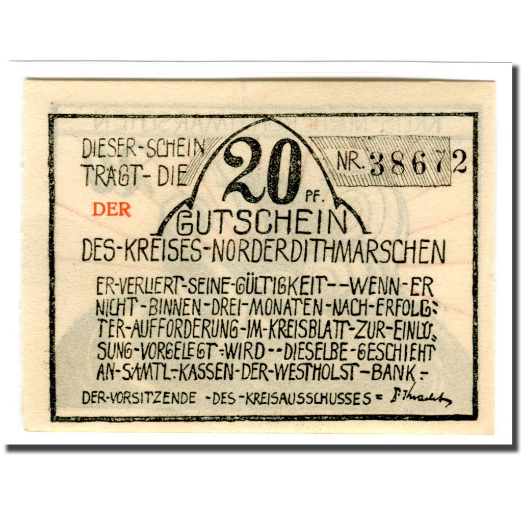 Banknote, Germany, Norder-Dithmarschen, 20 Pfennig, Texte, 1921, UNC(63)