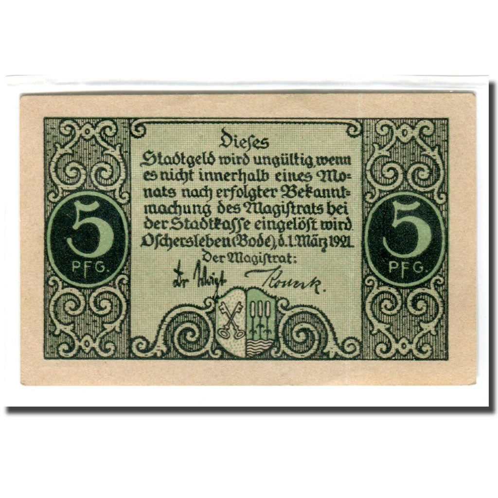 Geldschein, Deutschland, Oschersleben a.Bode Stadt, 5 Pfennig, Texte, 1921