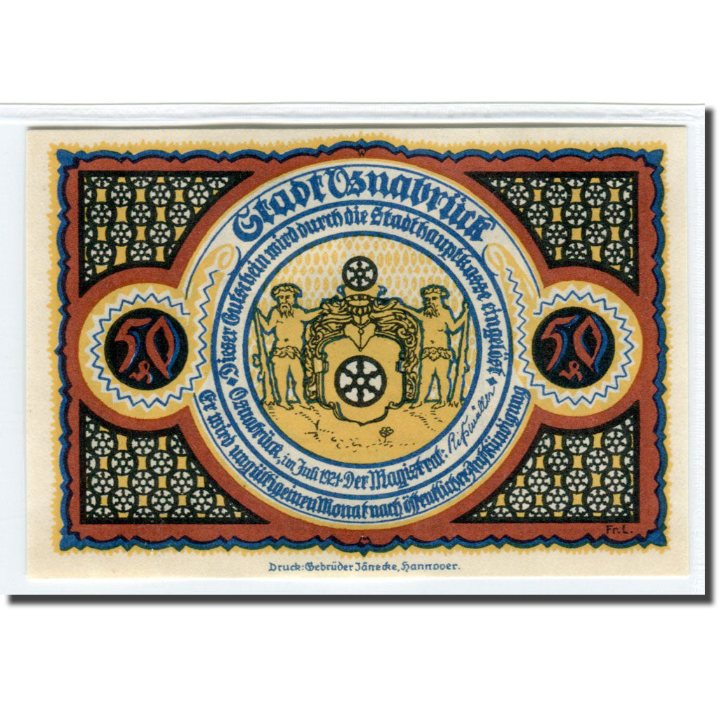 Banknot, Niemcy, Osnabruck, 50 Pfennig, rue, 1921, Undated, UNC(63), Mehl:1032.1