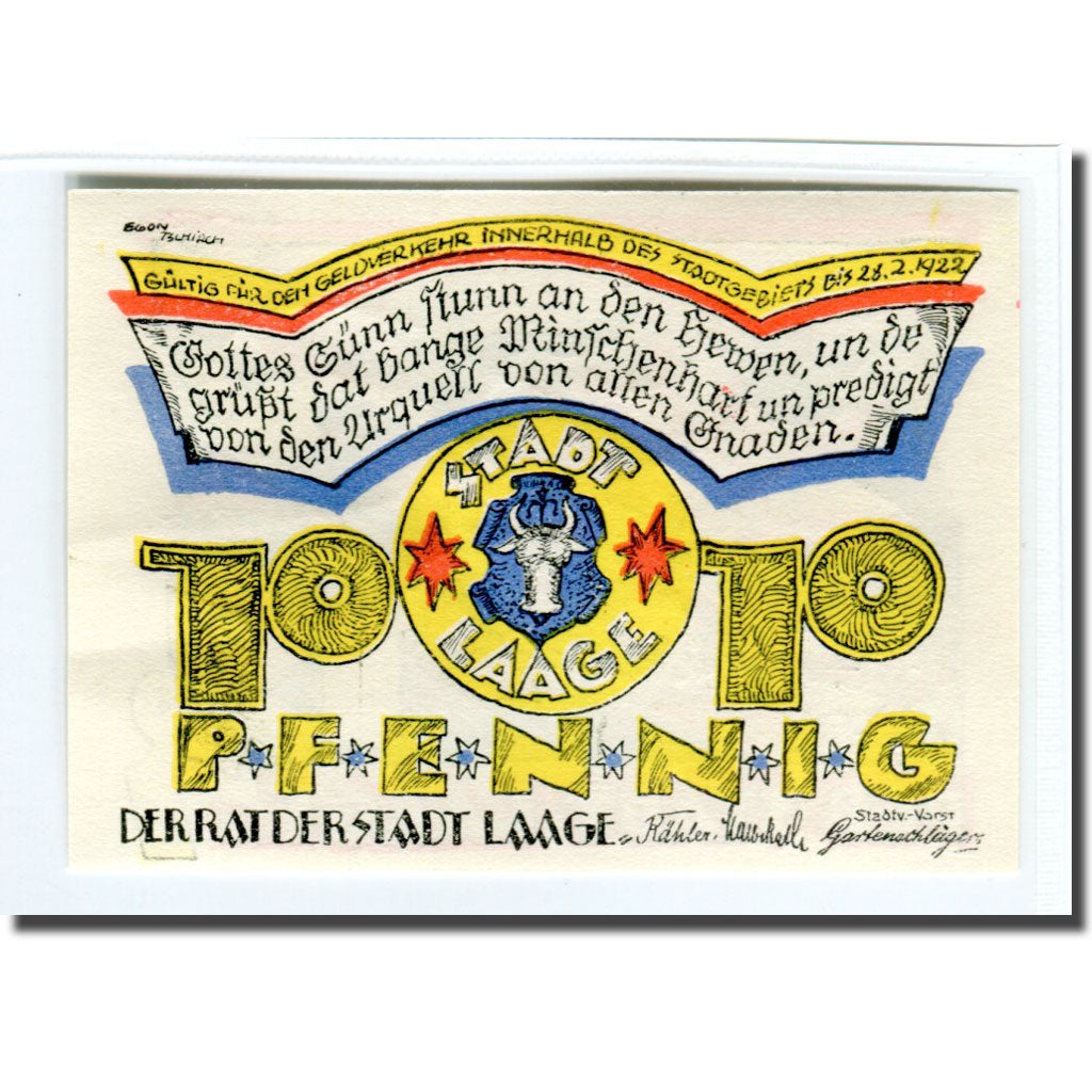 Banconote, Germania, Laage, 10 Pfennig, personnage, 1922, 1922-02-22, SPL