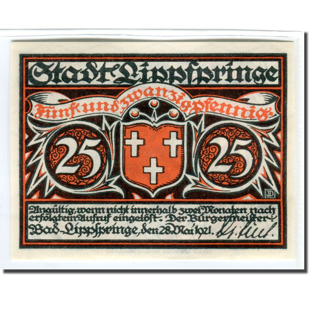 Banknote, Germany, Lippspringe, 25 Pfennig, chevaux, 1921, 1921-05-28, UNC(63)