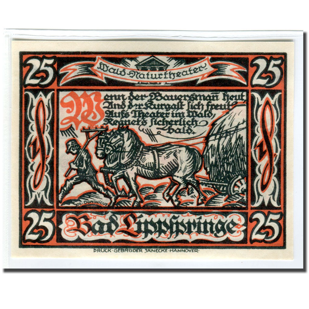 Banknote, Germany, Lippspringe, 25 Pfennig, chevaux, 1921, 1921-05-28, UNC(63)