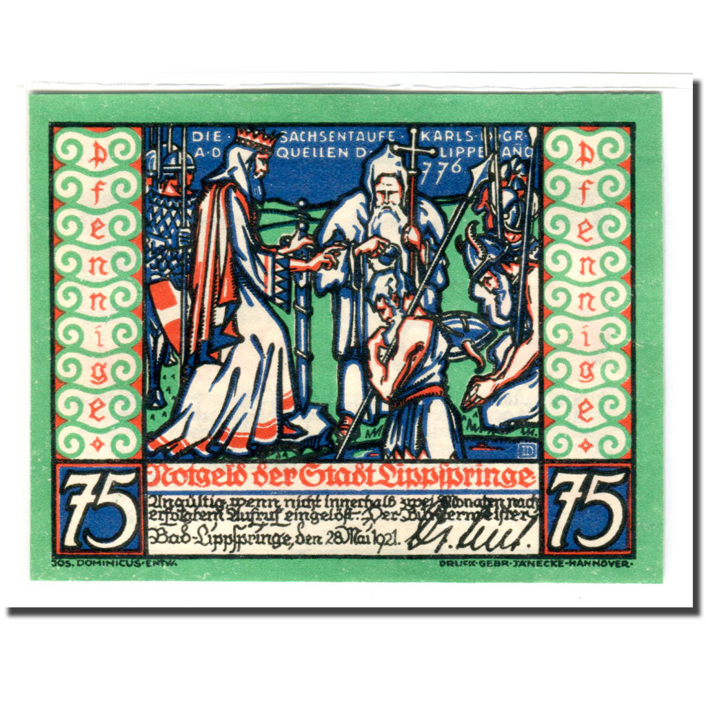 Banconote, Germania, Lippspringe, 75 Pfennig, personnage 1, 1921, 1921-05-28
