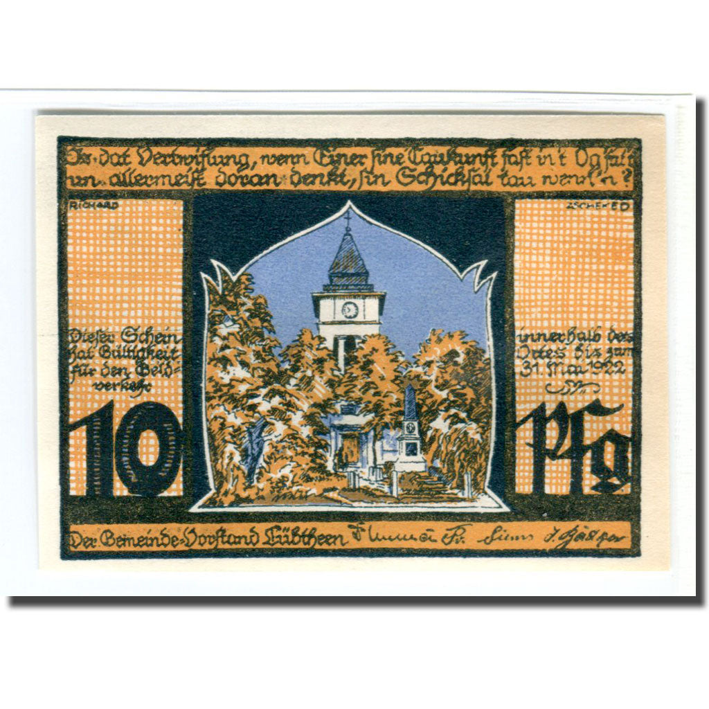 Banknote, Germany, Lübtheen, 10 Pfennig, Batiment, 1922, UNC(63), Mehl:834.1