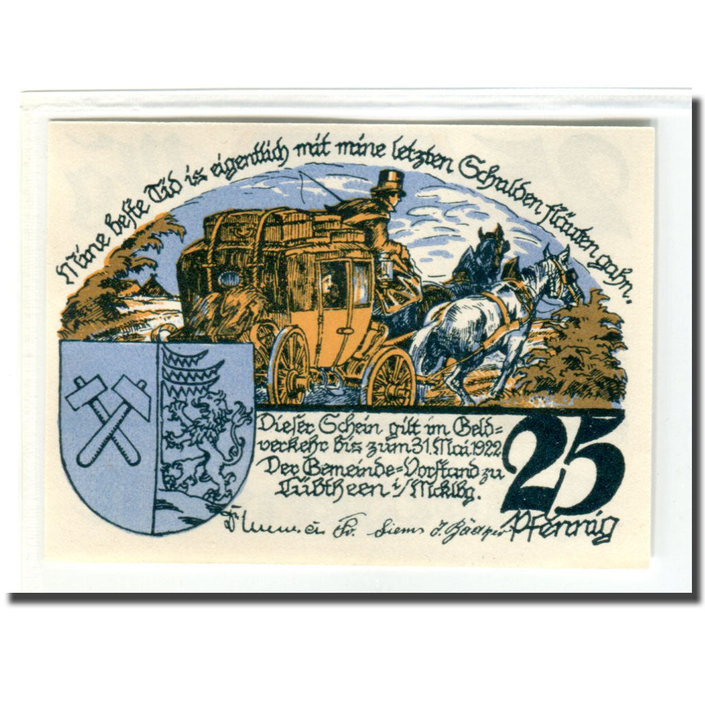 Banknote, Germany, Lübtheen, 25 Pfennig, calèche, 1922, UNC(63), Mehl:834.1