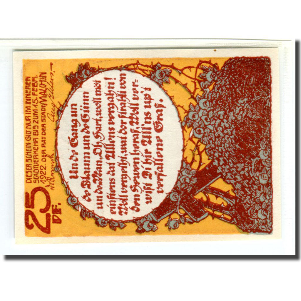 Banknote, Germany, Malchin Stadt, 25 Pfennig, batiment 1, 1922, 1922-02-15