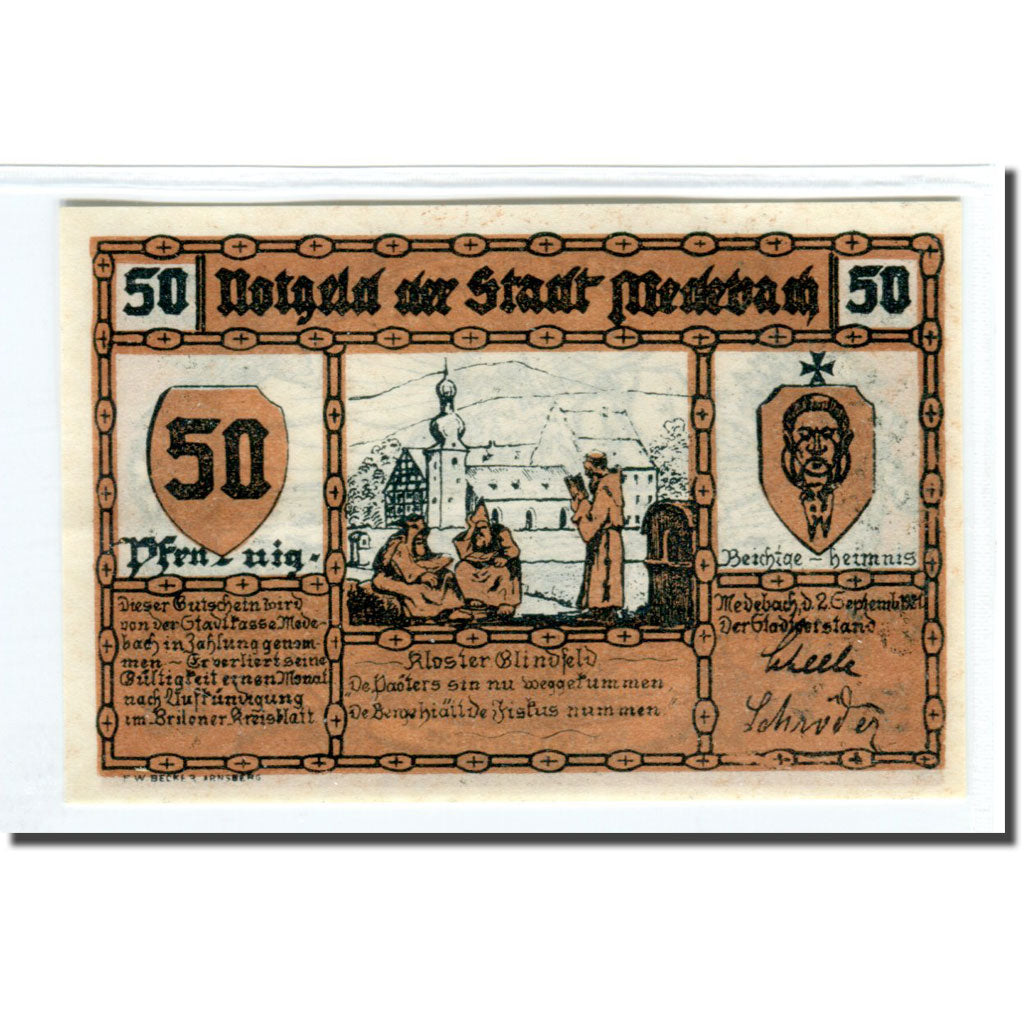 Banknote, Germany, Medebach, 50 Pfennig, personnage, 1921, 1921-09-02, UNC(63)