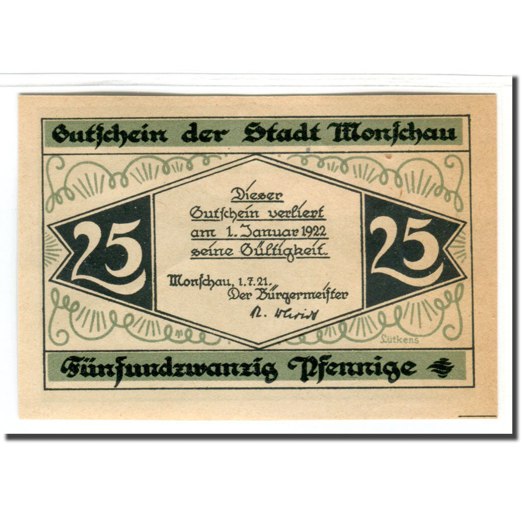 Banknote, Germany, Monschau, 25 Pfennig, paysage, 1921, 1921-07-01, UNC(63)