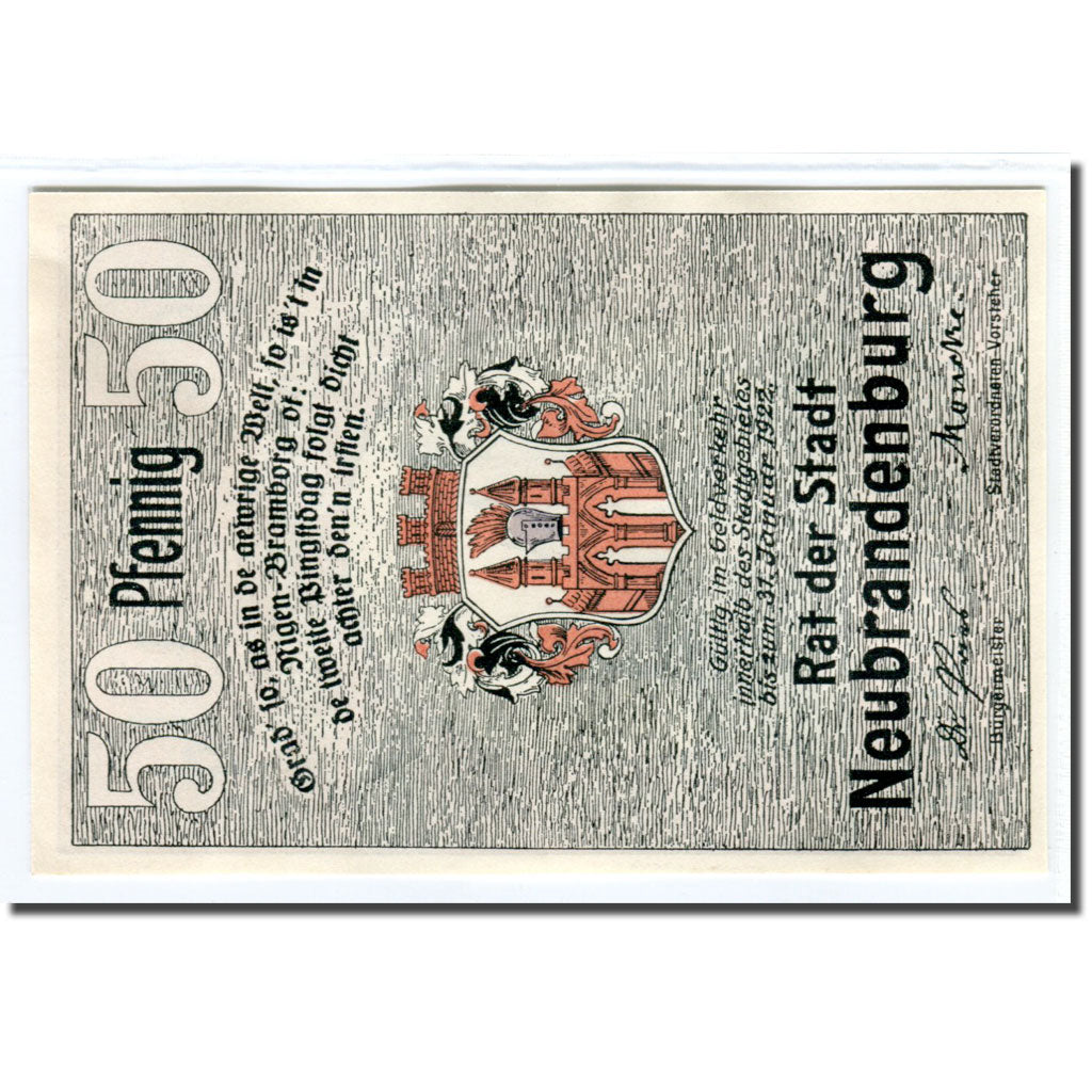 Geldschein, Deutschland, Neubrandenburg Stadt, 50 Pfennig, Eglise, 1922