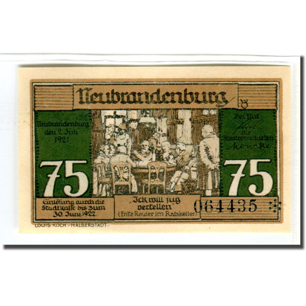 Geldschein, Deutschland, Neubrandenburg Stadt, 75 Pfennig, personnage, 1921