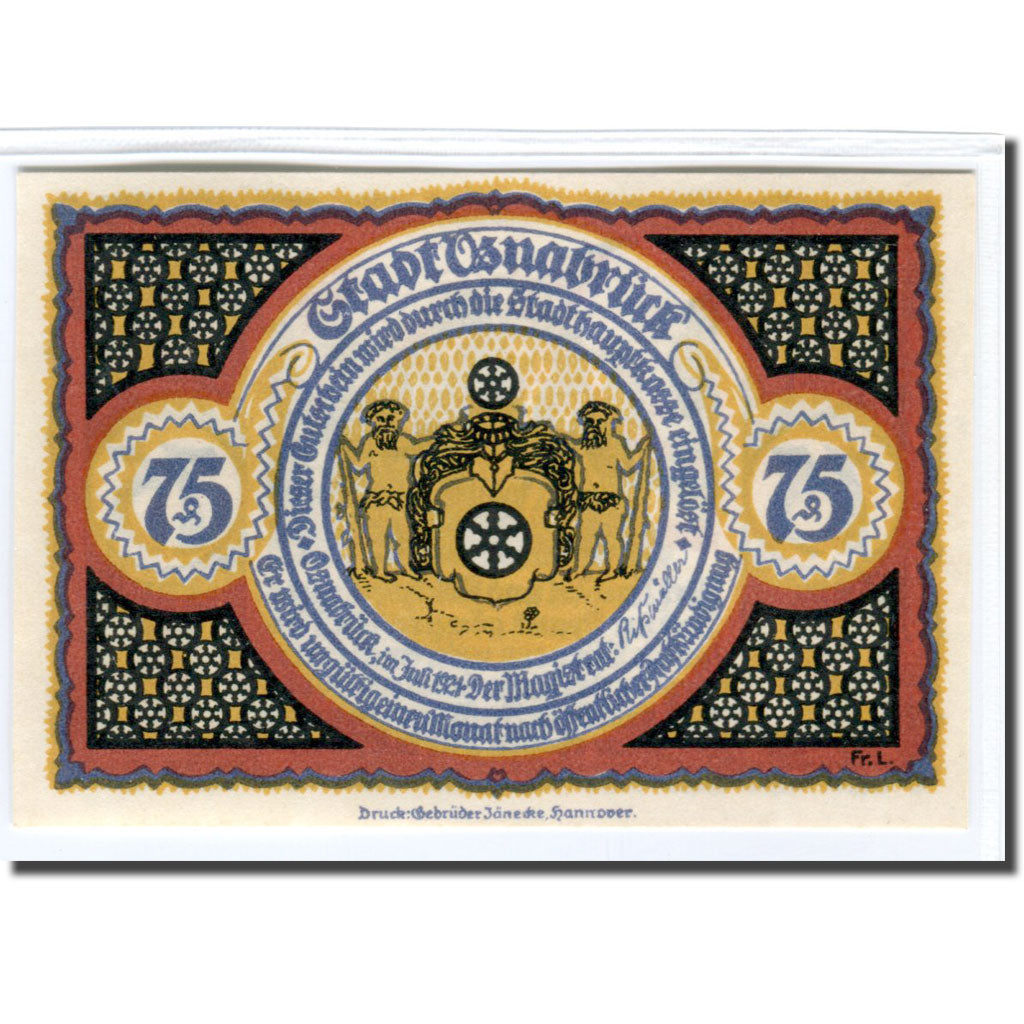 Banknote, Germany, Osnabruck, 75 Pfennig, personnage, 1921, UNC(63), Mehl:1032.1