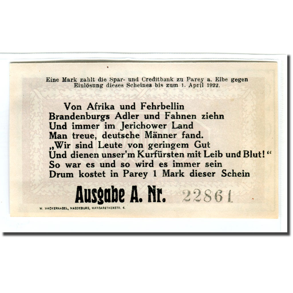 Banconote, Germania, Parey a.d Elbe, 1 Mark, personnage 1, 1922, 1922-04-01