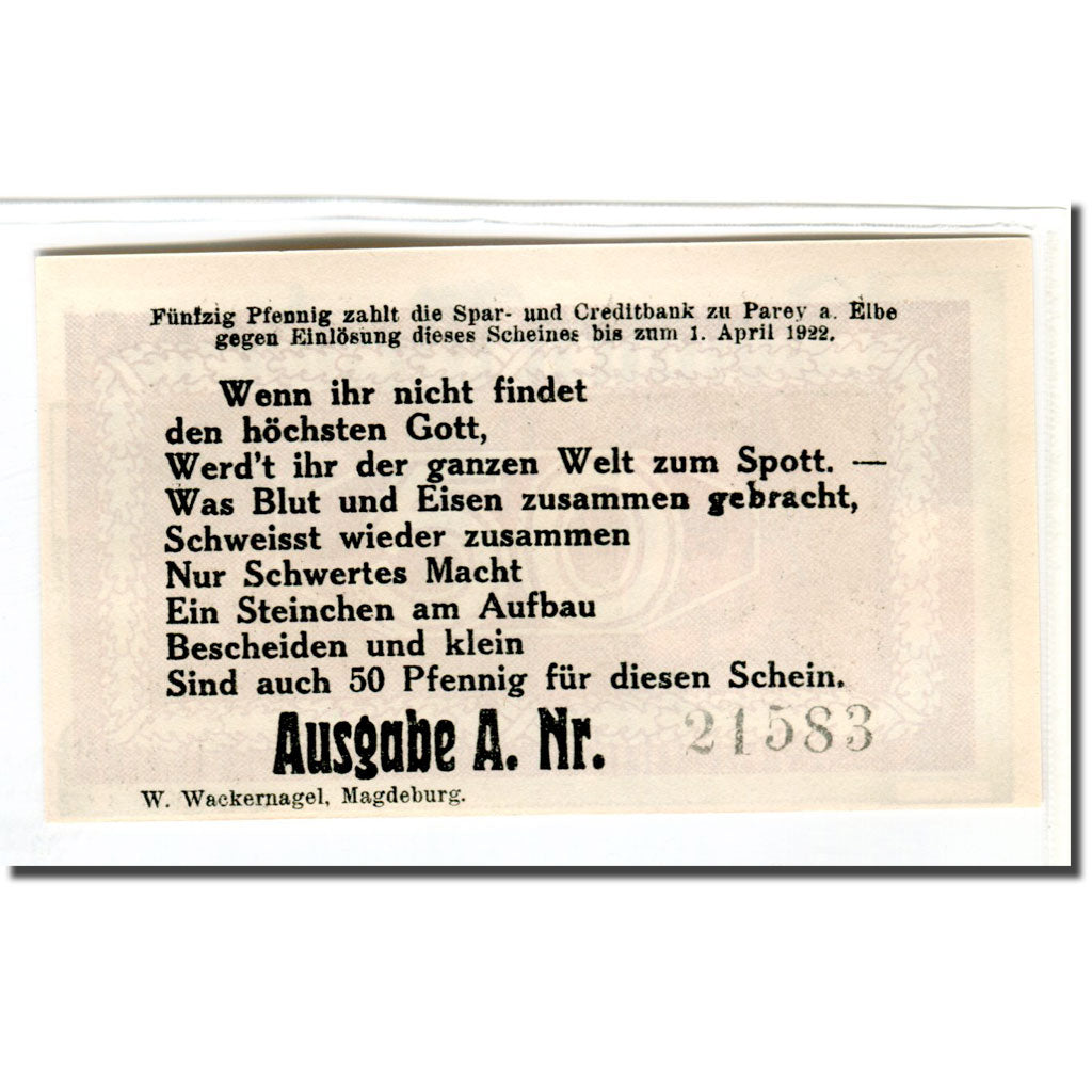 Banconote, Germania, Parey a.d Elbe, 50 Pfennig, personnage 3, 1922, 1922-04-01