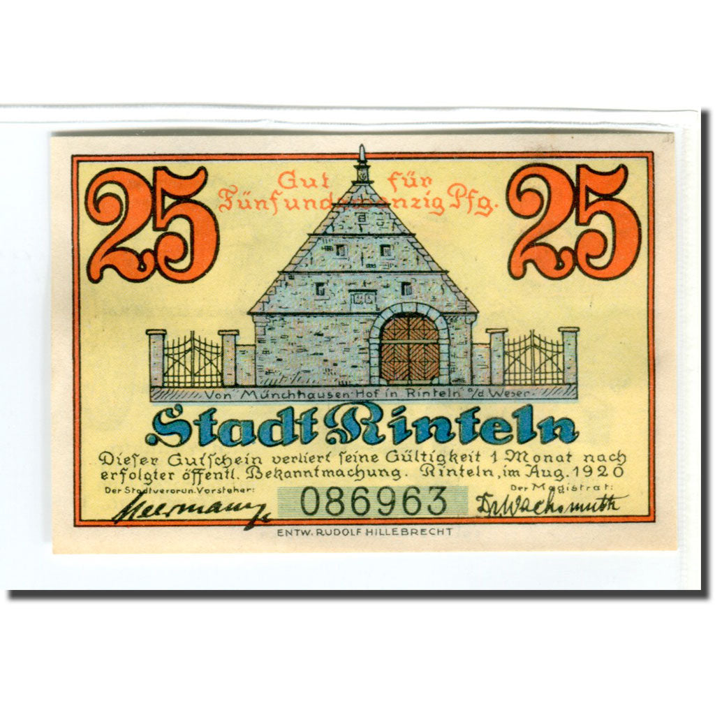 Banconote, Germania, Rinteln, 25 Pfennig, personnage, 1920, SPL, Mehl:1125.1b