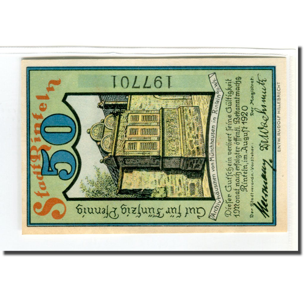 Banknot, Niemcy, Rinteln, 50 Pfennig, personnage 1, 1920, Undated, UNC(63)